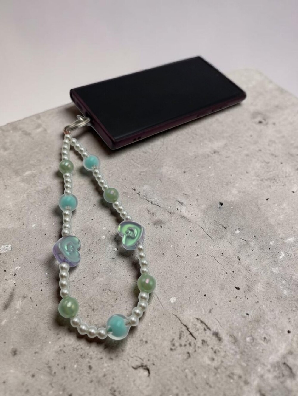 Handmade Pearl Heart Beaded Phone Charm with Green and Teal Blue Accents
